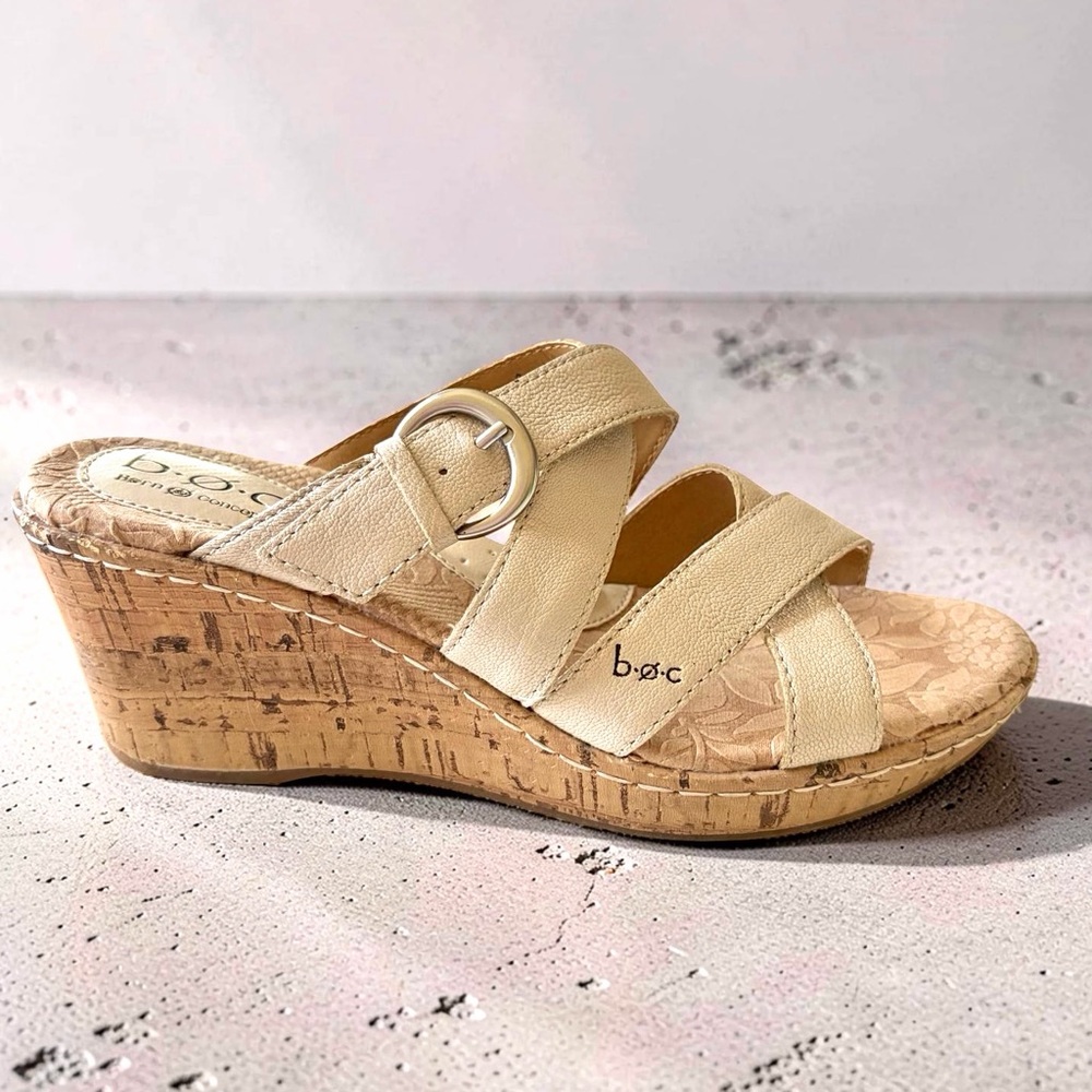 BORN Concept Pearl-Cream Leather Cork Wedge Sandals with Buckle Straps
